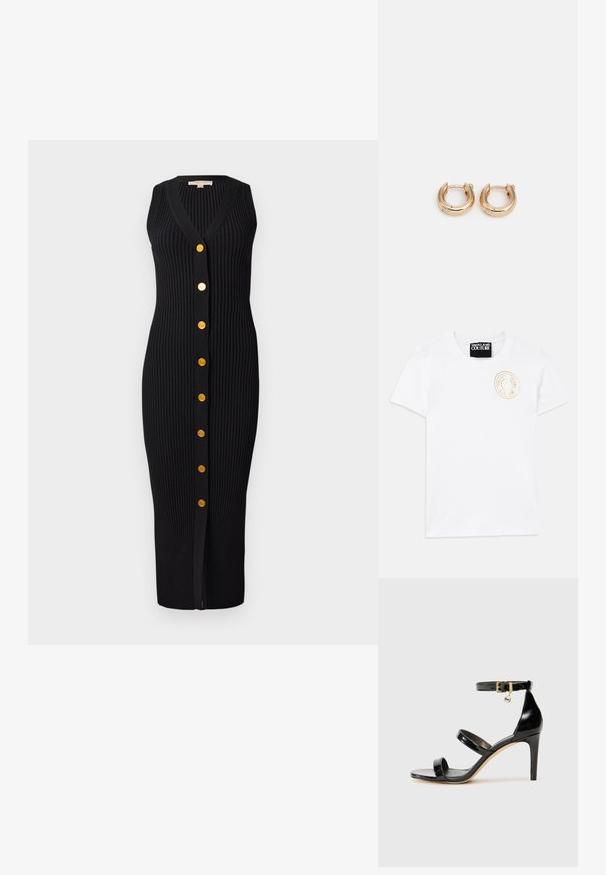 Balta medvilninė marškinėliai su trumpomis rankovėmis, apvalia iškirpte. Puikuojasi auksiniu siuvinėjimu ant krūtinės. Paprastas ir klasikinis dizainas.; Juoda dryžuota megzta suknelė su V formos iškirpte, be rankovių dizainu ir auksinės spalvos sagomis priekyje, turinti prigludusią siluetą.; Juodas patentuotas odinis sandalai su trimis diržais, kulkšnies sagtimi ir 4 colių stiletto kulnu. Yra aukso detalės ir logotipo žavesys.; Juodas odinis kryžminis krepšys su auksiniais grandinės akcentais, užtrauktuko uždarymu ir nuimamu audinio dirželiu. Michael Kors logotipas priekyje.; Auksiniai auskarai-žiedai su poliruota danga, pasižymintys storu, apvaliu dizainu ir saugiu uždarymo mechanizmu. Lygus paviršius ir blizganti išvaizda.