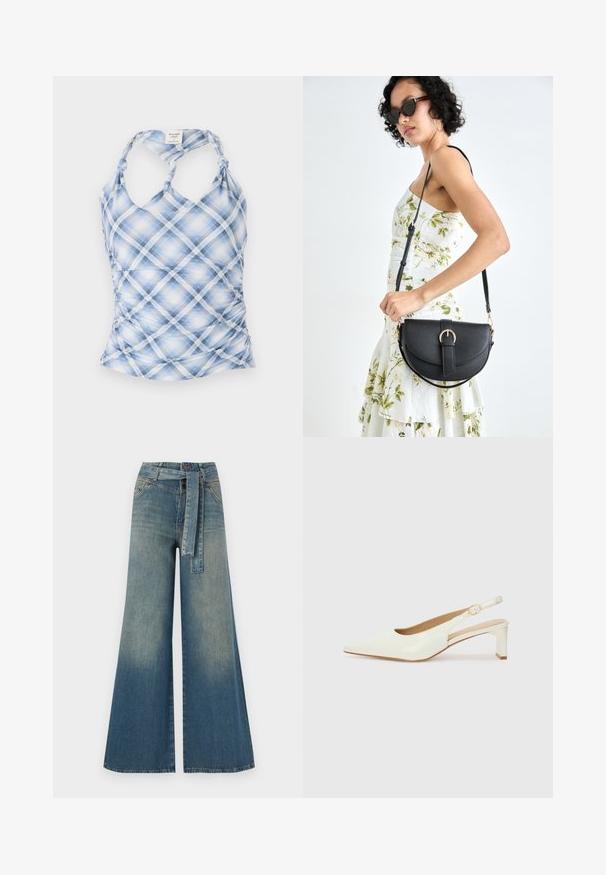 Top sans manches à carreaux bleu et blanc avec un col halter, des côtés froncés et des bretelles nouées. Fabriqué en tissu léger et texturé.; Pantalons en denim à jambe large présentant un dégradé de bleu clair à bleu foncé, taille haute, passants de ceinture et une ceinture en tissu assortie. Finition en denim texturé.; Escarpin en cuir verni blanc, à bout pointu et à petit talon bloc. Comprend une fine sangle avec un détail de boucle dorée.; Sac à main en cuir noir avec une forme courbée, bandoulière amovible et des accessoires en or. Le sac est doté d'un rabat avec un détail de boucle.