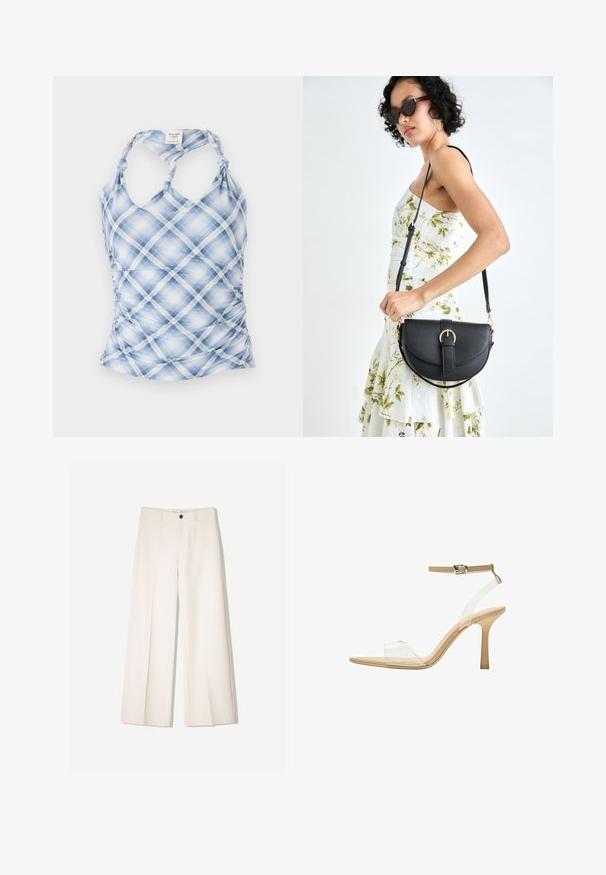 Blauwe en witte geruite tanktop met een halternek, geplooide zijkanten en geknoopte bandjes. Gemaakt van lichte, gestructureerde stof.; Crème brede broek met een tailored ontwerp, voorzien van twee voorzakken en een enkele sluiting met een knop aan de voorkant, gemaakt van een gladde stof.; Heldere sandaal met een doorzichtige bovenkant, beige voetbed en een slanke enkelriem. Voorzien van een spitse neus en een dunne hoge hak.; Zwarte leren handtas met een gebogen vorm, afneembare schouderband en gouden hardware. De tas heeft een klep met een gespsluiting.