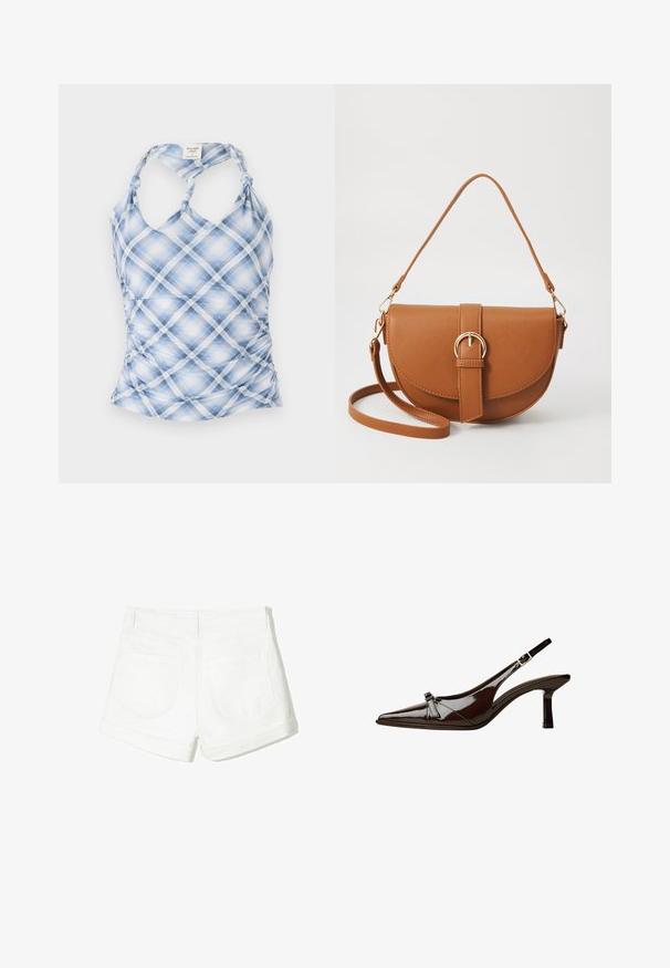 Modrá a biela károvaná top bez rukávov s halter krkom, nariasenými stranami a uzlovými ramienkami. Vyrobený z ľahkej, textúrovanej látky.; Biele denim šortky so skladanými okrajmi, dvoma zadnými vreckami a hladkým povrchom. Jednoduchý dizajn bez viditeľného kovania alebo vzorov.; Hnedá laková slingback obuv s špicatou špičkou, nízkym opätkom a dekoratívnou mašľou vpredu. Hladká, lesklá štruktúra.; Hnedá kožená kabelka cez telo s zakriveným tvarom, zlatými kovovými doplnkami a akcentom s prackou. Obsahuje odnímateľný ramenný popruh.