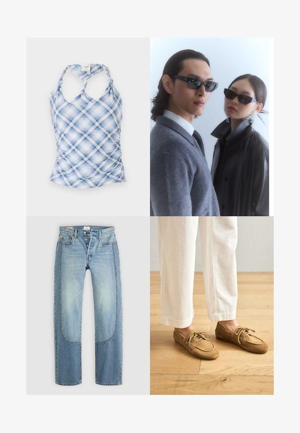 Niebieska i biała koszulka na ramiączkach w kratę z dekoltem halter, marszczonymi bokami i związanymi ramiączkami. Wykonana z lekkiego, fakturowanego materiału.; Jasnoniebieskie dżinsy o prostym, luźnym kroju z kontrastującymi detalami i pięcioma kieszeniami. Zapięcie na guziki.; Brązowe zamszowe buty żeglarskie ze sznurowadłami, z zaokrąglonym noskiem i szytymi detalami. Noszone z białymi spodniami z kordurowej tkaniny w drewnianym otoczeniu.; Okulary przeciwsłoneczne z kanciastymi czarnymi oprawkami na modelu w szarym swetrze, prezentujące teksturowany dzianinowy materiał oraz czarną skórzaną kurtkę noszoną przez innego modela.; Czarna skórzana torebka o zaokrąglonym kształcie, ze złotymi ćwiekami wzdłuż krawędzi, regulowanym paskiem i boczną pętlą dla dodatkowego akcentu.