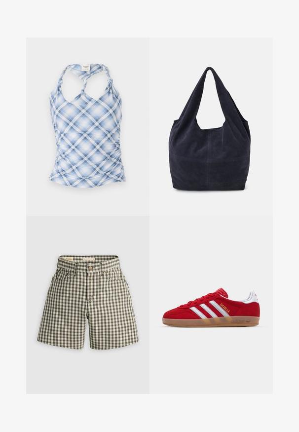 Top in plaid blu ebianco con scollo a halter, lati arricciati e spalline annodate. Realizzato in tessuto leggero e texturizzato.; Pantaloni corti a quadri marroni e bianchi con chiusura a bottone, due tasche frontali e una vestibilità rilassata. Realizzati in tessuto tessuto con una superficie liscia.; Sneaker in suede rosso con design a tre strisce bianche e testo "Gazelle" in oro. Presenta una suola in gomma color cuoio e un tallone testurizzato.; Borsa in suede blu navy con un design morbido, ampiosi manici e dettagli di cucitura visibili sul corpo.
