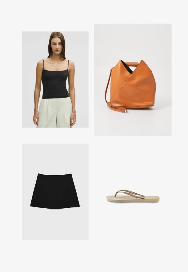 Musta spaghetti strap -paita, jossa on neliön muotoinen kaula-aukko ja istuva siluetti, valmistettu sileästä, kevyestä kankaasta. Yhdistetty vaaleisiin, leveälahkeisiin housuihin.; Mustat mini-hameet, joissa on sileä rakenne, A-linjainen muoto ja kaareva helma. Takana on vetoketju kiinnitystä varten, ei lisäkuvioita tai koristeita.; Vaaleanbeige flip-flop, jossa on teksturoitu pohja, litteä pohja ja ohuet, kiiltävät hihnat. Hihnassa on hienovarainen brändäys.; Ruskea nahkainen käsilaukku, jossa on ainutlaatuinen kolmion muotoinen taitosdesign, yläkahva ja irrotettava olkahihna valkoisella taustalla.