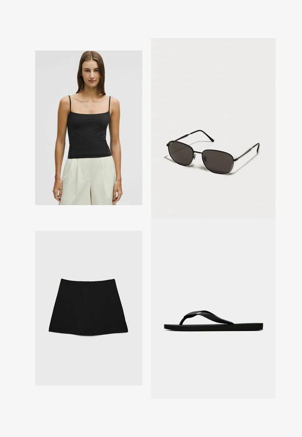 Top nero senza maniche con scollo quadrato e silhouette aderente, realizzato in un tessuto liscio e leggero. Abbinato a pantaloni palazzo chiari e ampi.; Mini gonna nera con una texture liscia, forma a trapezio e orlo curvato. Presenta una zip sul retro per la chiusura, senza ulteriori motivi o accenti.; Infradito in gomma nera con cinturino testurizzato e suola piatta semplice, mostrati di lato su uno sfondo chiaro e uniforme.; Occhiali da sole neri in metallo con montatura ovale, lenti scure, aste sottili e un logo discreto sulla lente sinistra. Design elegante e minimalista.