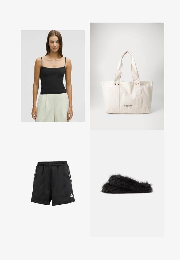 Sort spaghetti-strop top med firkantet udskæring og tætsiddende silhuet, lavet af glat, let stof. Kombinationen er med lyse, vide ben.; Sorte sportsshorts med elastisk talje, to sidelommer og hvide striber på siderne. Fremstillet af letvægtsmateriale.; Sorte, faux-fur slippers med en blød, fluffy tekstur. Har et polstret, åbent tådesign med lagdelte stropper for komfort.; Canvas tote taske i lys beige med to robuste håndtag, kontrasterende hvid trim og logoet "THE NORTH FACE" i sort foran.