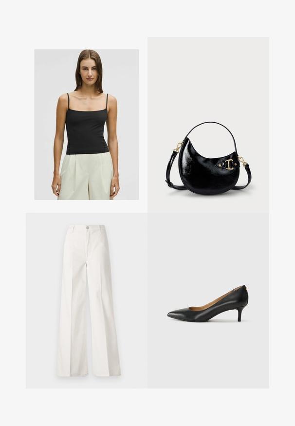 Zwart spaghetti-topje met vierkante halslijn en aangesloten pasvorm, gemaakt van een soepele, lichte stof. Gepaarde met een lichte, wijde broek.; Witte wijde-broek gemaakt van katoen met een gladde textuur. Voorzien van een knoop aan de voorkant, ritsopening en vierzakkenontwerp.; Zwarte leren pump met een puntige teen, lage hak en een gladde textuur. Heeft een lichte opening aan de voorkant en minimale hardware aan de achterkant.; Zwarte gepatineerde leren handtas met een gebogen vorm, verstelbare schouderband en gouden hardwaredetails aan de zijkant. Gladde, glanzende textuur.