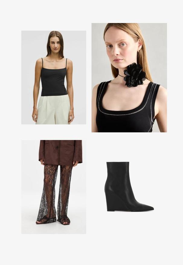 Sort spaghetti-strop top med firkantet udskæring og tætsiddende silhuet, lavet af glat, let stof. Kombinationen er med lyse, vide ben.; Sorte blonde flarebukser med et blomsterprint, gennemsigtig tekstur og brede benåbninger, parret med brune slid-sandaler.; Sort kileanläge støvle lavet af tekstureret læder; har en spids tå og et glat, strømlinet design med en kontureret silhuet.; Sort blomsterchoker halskæde lavet af lagdelte kronblade, båret med en sort ribbet tanktop med sølv-accenter langs halsudskæringen og skuldrerne.