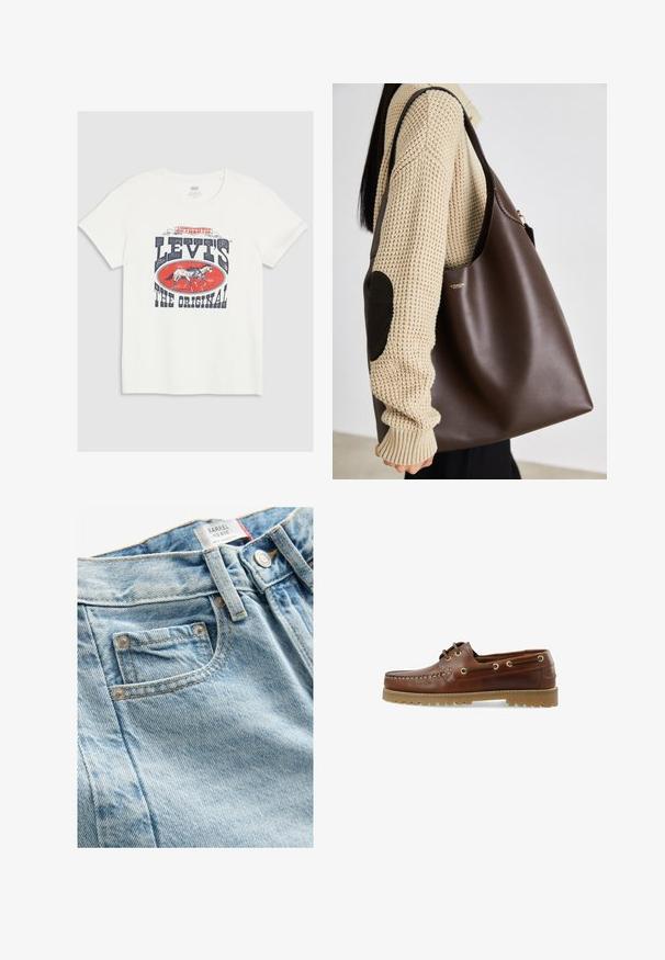 Bílé bavlněné tričko s velkým červeným a námořnickým grafickým potiskem, na kterém je kůň a výrazný nápis "LEVI'S THE ORIGINAL".; Světlé modré džíny s mírným vzestupem a texturovaným povrchem, obsahující malou přední kapsu a kovové zapínání. Viditelné charakteristické švy.; Hnědé kožené lodní boty s nízkým střihem, šněrovacím designem, kovovými očky a texturovanou gumovou podrážkou, s prošíváním podél přední části.; Hnědá kožená taška přes rameno s prostorným designem. Disponuje hladkou texturou a decentním zlatým logem. V kombinaci s krémovým pleteným svetrem.