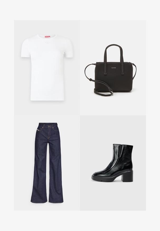 Bílé tričko s krátkým rukávem, kulatým výstřihem, žebrovanou texturou a malým kulatým logem na hrudi. Červená značková etiketa na zádech.; Tmavě modré džíny s širokým střihem vyrobené z denimové tkaniny, s vysokým pasem, oranžovým prošíváním, pěti kapsami a zapínáním na knoflík.; Černé lakované kotníkové boty s zakřivenou špičkou, elastickými bočními panely a robustním blokovým podpatkem. Na zadní straně se nachází embosované logo.; Černá kabelka s dvojitými krátkými uchy a odnímatelným ramenním popruhem. Hladký koženkový materiál s uzávěrem na zip a detailem loga.