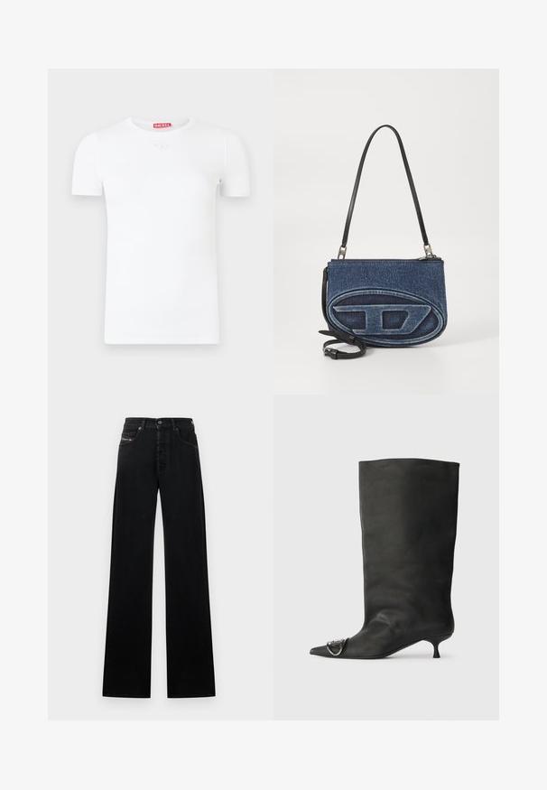 Wit T-shirt met korte mouwen, een ronde halslijn, geribbelde textuur en een klein rond logo op de borst. Merketiket in het rood op de achterkant.; Zwarte wijde spijkerbroek gemaakt van denim, met een sluiting met knopen aan de voorkant, vijf zakken en een klein logoplaatje op de tailleband.; Zwarte leren enkelboot met een spitse neus, een kleine hak en metalen accentdetails op de neus. Gladde, matte textuur overal.; Denim schoudertas met een zwarte leren schouderband, ovaal logoontwerp aan de voorkant en een ritsluiting aan de bovenkant. Gedeeltelijk gestructureerde afwerking.