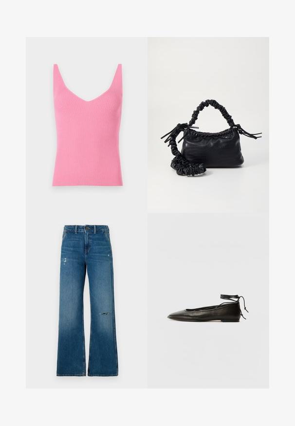 Fazonos rózsaszín bordázott ujjatlan felső mély V-nyakkivágással, széles vállpántokkal és sima textúrával. Rétegezéshez vagy önálló viseléshez egyaránt alkalmas.; Kék farmer széles szárú nadrág, elhasználódott textúrával, két megkopott résszel elöl, gombos záródással és öt zsebes kialakítással.; Fekete bőr balettcipők hegyes orral, bokakötővel és lapos talppal, sima textúrával és minimalista dizájnnal.; Fekete műbőr kézi táska krokodil bőr textúrával, összehúzható tetejű és gyűrt pánttal. Lágy és kompakt dizájnúnak tűnik.