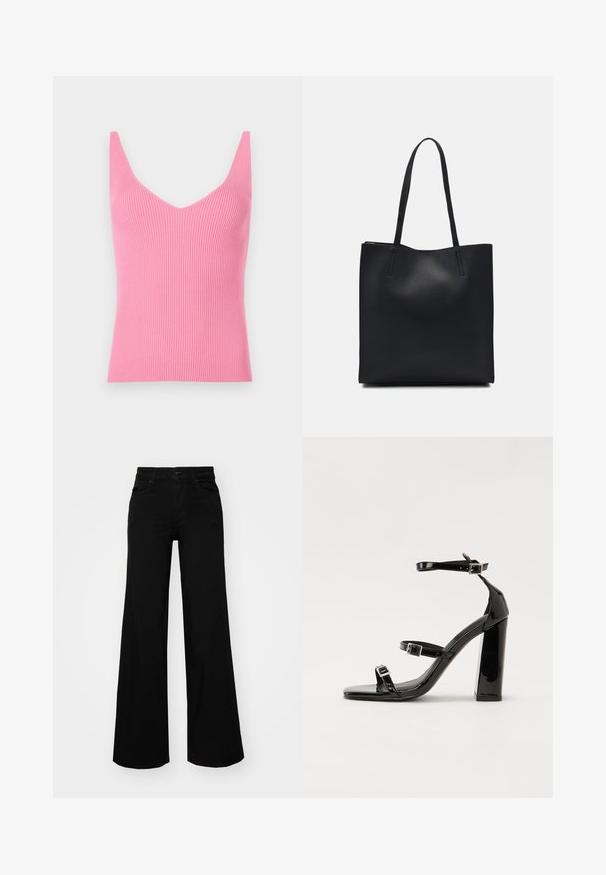 Tett rosa ribbet tanktop med dyp V-hals, tykke skulderstropper og en glatt tekstur. Passer bra for lag-på-lag eller som enslig plagg.; Svart vide bukser laget av denim, med en strukturert midjebånd, beltestropper og frontlommer. Glatt tekstur med et klassisk design.; Svart høyglans sandaler med hæl, firkantet tå, ankelremmer og sølvspenner. Har en kraftig blokkhæl for stabilitet.; Svart lær tote bag med glatt tekstur, rektangulær form og to lange håndtak. Ingen synlige deler eller dekorasjoner.