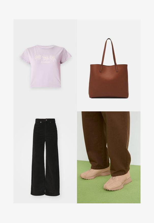 Šviesiai lelijos spalvos medvilninis marškinėliai trumpomis rankovėmis, su trimis spiraliniais piešiniais virš užrašo "BILLABONG" šviesesnėje spalvoje.; Juodos velveto plačios kojos kelnės su aukštu liemeniu, turinčios dvi priekinės kišenes ir metalinį mygtuko užsegimą. Tekstūruotas audinys su vertikaliomis juostelėmis.; Šviesiai rožiniai sportbačiai su tekstūruotu zomšiniu ir tinkliniu viršumi, apvaliu priekiniu skyriumi, raištelių uždarymu ir tvirtu guminiu padu. Dėvimi su rudais plačiais kelnais.; Ruda odinė priekabų krepšys su glotnia tekstūra, atviru viršumi ir dviem petnešomis. Su minimalia siuvimo detalėmis ir nematoma aparatūra.