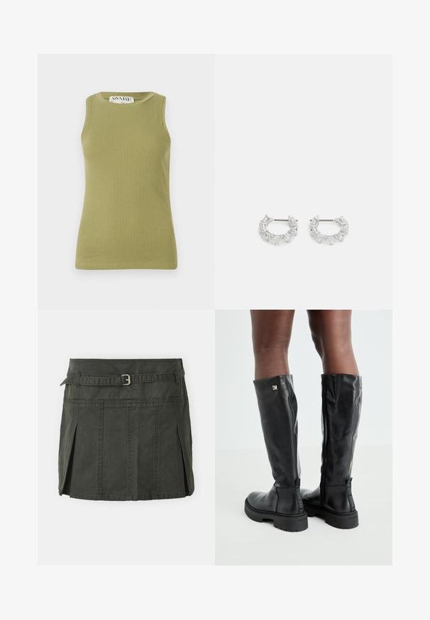 Groene geribbelde tanktop met een ronde halslijn en mouwloos ontwerp. De stof heeft een textuurpatroon met een getailleerd silhouet.; Donkergroene, katoenen mini-jurk met een aansluitende taille, een riem en voorplooien. Bevat stikdetails en heeft een klassieke snit.; Zwarte leren kniehoge laarzen met een gladde textuur, ronde neus, stevige zool en ritssluiting. Voorzien van een zilveren logo aan de zijkant.; Zilveren oorbellen met ringen, versierd met heldere, rechthoekige en driehoekige kristallen die in een patroon zijn gerangschikt. Met gevest voor een veilige bevestiging.