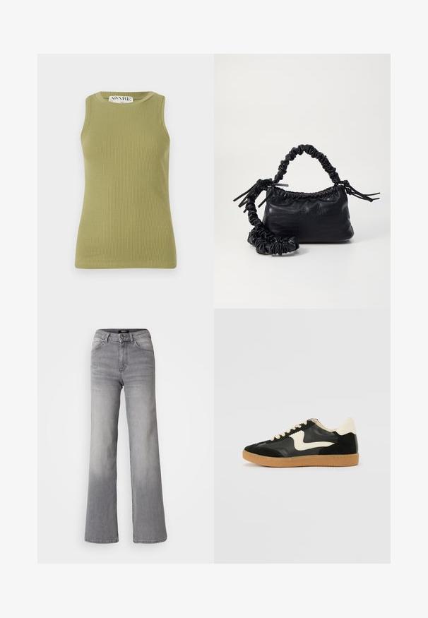 Green ribbed tank top with a round neckline and sleeveless design. Fabric features a textured pattern with a fitted silhouette.; High-waisted straight-leg gray denim jeans with front button and zipper, front and back pockets, and faded shading on thighs and calves.; Black suede and leather sneaker with a cream side swoosh and light cream heel. Features beige laces and a gum rubber outsole.; Black faux leather handbag with a crocodile texture, cinched top, and a scrunched strap. Appears soft and compact in design.