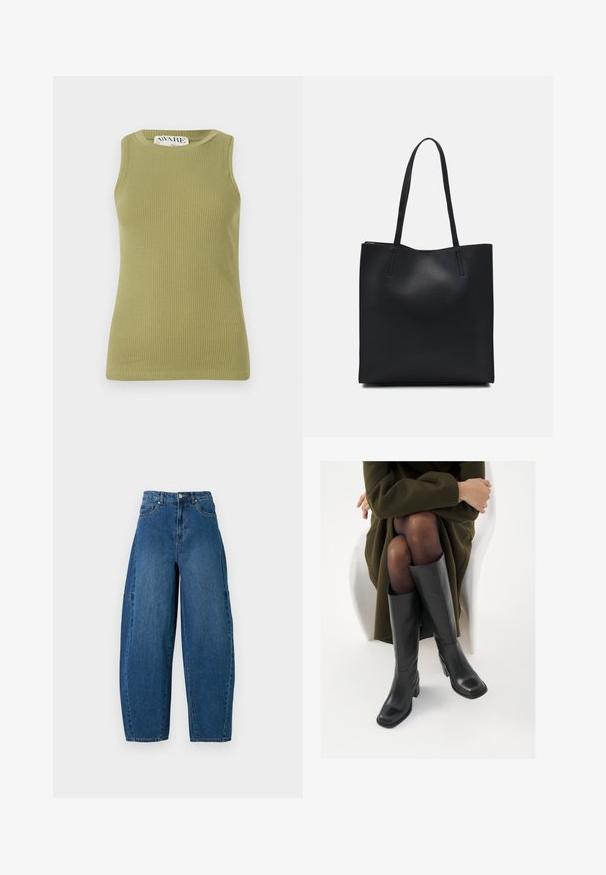 Zeleno rebrasto majico brez rokavov z okroglim izrezom. Tkanina ima teksturiran vzorec in prilegajoč silhueto.; Jeans iz denima v srednjem modrem pranju, z visokim pasom, širokim krojem nogavic in standardnim pet-imenskim dizajnom s vidnimi šivi.; Črne usnjene čevlje do kolen s kvadratnim prstom in blok peto, prikazani na modelu, ki sedi v olivno zeleni plašču. Gladka tekstura, minimalne podrobnosti.; Črna usnjena torba s svilnato teksturo, pravokotne oblike in dvema dolgima ročajema. Brez vidnih metalnih delov ali okrasnih elementov.