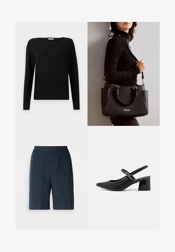 T-shirt noir à manches longues en coton. Il présente un col rond et une coupe décontractée. Texture lisse sans motifs ni accents visibles.; Shorts bleu marine en tissu léger, avec une coupe droite, deux poches avant et des détails de couture subtils.; Escarpins slingback en cuir verni noir avec un embout pointu, un design à découpes arrondies et un talon carré. Présente un accent de boucle en ton doré.; Sac à main noir avec surface texturée, deux poignées supérieures et bandoulière réglable. Doté de quincaillerie dorée et de poches latérales.