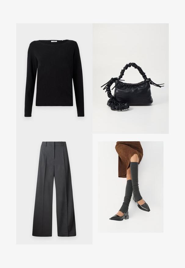 Black long-sleeve T-shirt made of cotton. Features a round neck and a relaxed fit. Smooth texture with no visible patterns or accents.; Wide-leg trousers in dark gray fabric, featuring a high waist, single pleats, and a smooth texture with a clean finish at the hems.; Black patent leather pointed-toe shoes with a block heel and ankle strap, paired with gray ribbed leg warmers and a brown suede skirt.; Black faux leather handbag with a crocodile texture, cinched top, and a scrunched strap. Appears soft and compact in design.