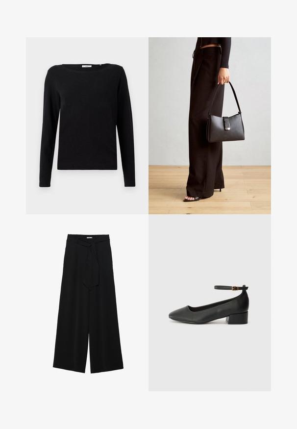 Must have must t-särk, millel on pikk varrukas ja mis on valmistatud puuvillast. Omab ümarat kaela ja lõdva istuvust. Sile tekstuur ilma nähtavate mustrite või aktsentideta.; Mustad laiad püksid, millel on tekstureeritud kangas, elastne vöökoht ja eemaldatav pael vööst, et reguleerida sobivust.; Must mustaapp, millel on terav nina ja madal blokk-kand. Omab pahkluu rihma koos kuldse tooni pandlaga. Sile tekstuur.; Must musta kott, millel on struktureeritud kuju, sile tekstuur ja metallist klamber. Kombineeritud laiate mustade pükstega ja avatud varvaste sandaalidega puidust põrandal.
