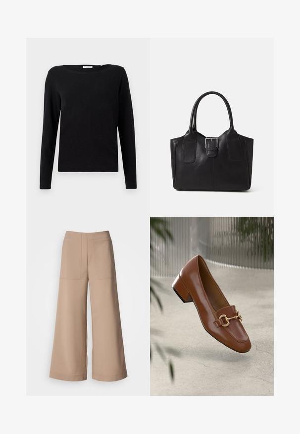 Črna dolgorasna majica s kratkimi rokavi, izdelana iz bombaža. Ima okroglo izbiro in sproščen kroj. Gladka tekstura brez vidnih vzorcev ali dodatkov.; Široke hlače iz svetlo bež tkanine. Imajo dva sprednja žepa, ravno pasnico in gladko teksturo s krojenim zaključkom.; Rjavi lakirani loafer z kvadratnim nosom, kovinsko verigo kot okrasom in nizko blok podplatom; gladka tekstura, minimalističen dizajn.; Črna usnjena torba s gladko teksturo, strukturirano obliko, dvema ročkama in izrazitim srebrnim sponko na sprednji strani.