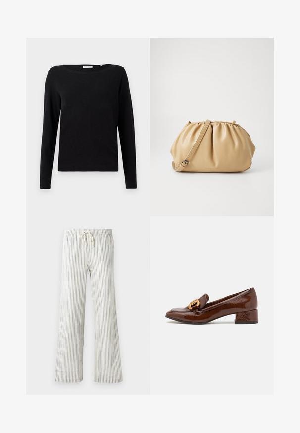 T-shirt a maniche lunghe nera realizzata in cotone. Presenta un collo rotondo e una vestibilità comoda. Tessuto liscio senza motivi o accenti visibili.; Pantaloni bianchi con coulisse, caratterizzati da sottili righe verticali blu e una vita elastica, mostrati frontalmente su uno sfondo neutro.; Mocassini in pelle marrone con finitura lucida, caratterizzati da una fibbia dorata decorativa sulla parte anteriore e un tacco basso a blocco. Design classico.; Borsa a tracolla in pelle color cuoio con design plissettato, tracolla regolabile e forma arrotondata. Branding minimalista sulla superficie frontale.
