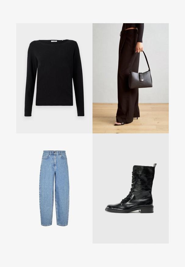 Must have must t-särk, millel on pikk varrukas ja mis on valmistatud puuvillast. Omab ümarat kaela ja lõdva istuvust. Sile tekstuur ilma nähtavate mustrite või aktsentideta.; Heledad helesin sinised, kõrge vöökohaga teksad, lõdva istumise ja sirgete jalgadega, viie taskuga ning õrnade pleekimistega reie piirkonnas.; Mustad mustalised nahast ankle saapad läikiva pinnaga, nööbitud esiosaga, ümara varbaga ja madala plokknõelaga. Nähtavad õmblused.; Must musta kott, millel on struktureeritud kuju, sile tekstuur ja metallist klamber. Kombineeritud laiate mustade pükstega ja avatud varvaste sandaalidega puidust põrandal.