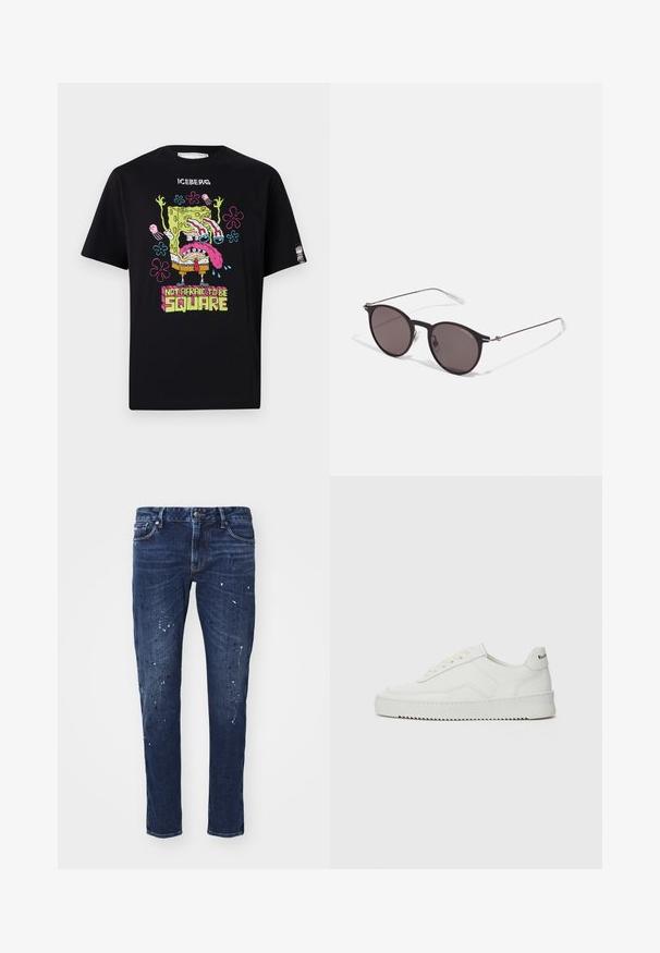 Sort t-shirt med et farverigt grafik af en karakter med overdrevent træk, sloganet "IKKE BANGE FOR AT VÆRE FIRKANTET," og medjlivshus-accenter.; Mørkeblå denimjeans med slim fit, der har malerpletter, synlige syninger og standard fem-lommer design. Lige ben.; Hvide lædersneakers med en glat overflade, rund tå, flade snørebånd og en tekstureret sål. Har et diskret logo på hælen.; Sorte runde solbriller med mørke linser og slanke metalarme. Inkluderer klare tempeltips og sølvdetaljer ved hængslet. Minimalistisk design.