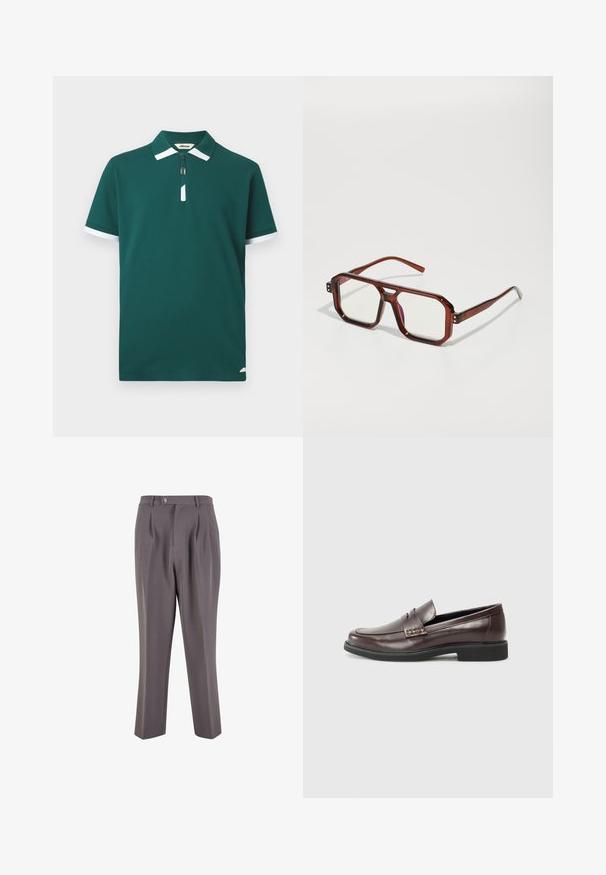 Grønn polo med glidelås på kragen, hvite detaljer på ermene og logo nede. Laget av glatt stoff med en tettsittende design.; Grå plisserte bukser laget av glatt stoff, med rett ben-design, enkelt knappelukking og skrå sidelommer.; Brune lærloafers med en glat finish, der har en subtil syet detalje på overdelen og en sort gummisål.; Brune gjennomsiktige overdimensjonerte briller med rektangulære linser og slanke tenger. Vinklet, litt avrundede hjørner og synlige hardware-detaljer.