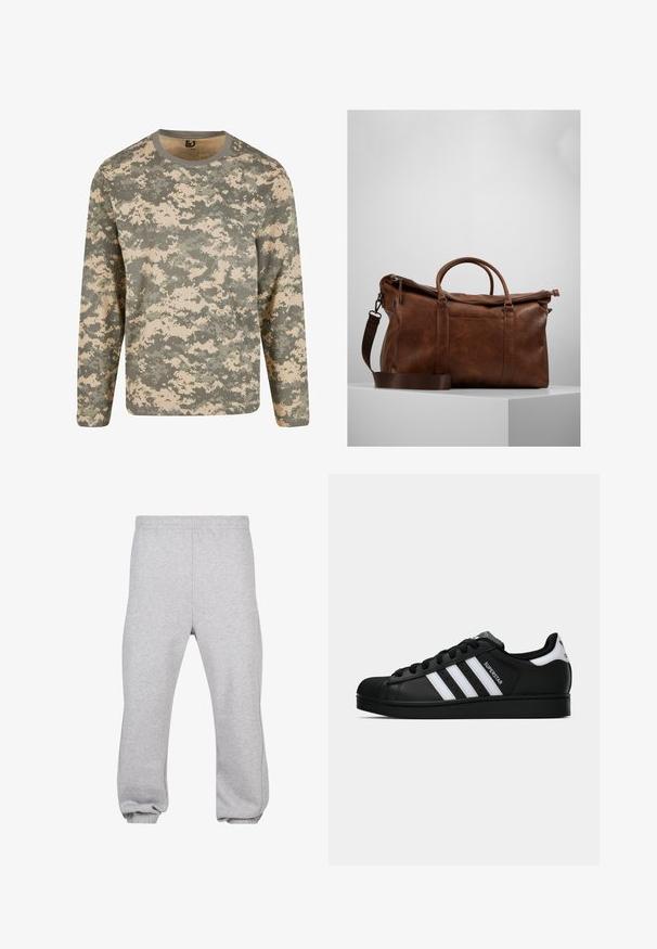 Majica z dolgimi rokavi v digitalnem kamuflažnem vzorcu, ki vključuje odtenke zelene in bež, z okroglo ovratnico in mehkobo na otip.; Sive trenirke iz mešanice bombaža, z elastičnim pasom, zoženimi nogami in manšetami na robovih. Preprost dizajn brez vzorcev.; Črne superge Adidas Superstar z belimi črtami, zaščitnim pokrovom na prstih in napisom "Superstar" na strani, prikazane v bočnem profilu na beli podlagi.; Brahna usnjena potovalna torba z zadrgo, dvojno ročajema, nastavljivim naramnim trakom in vidnimi teksturami na površini.
