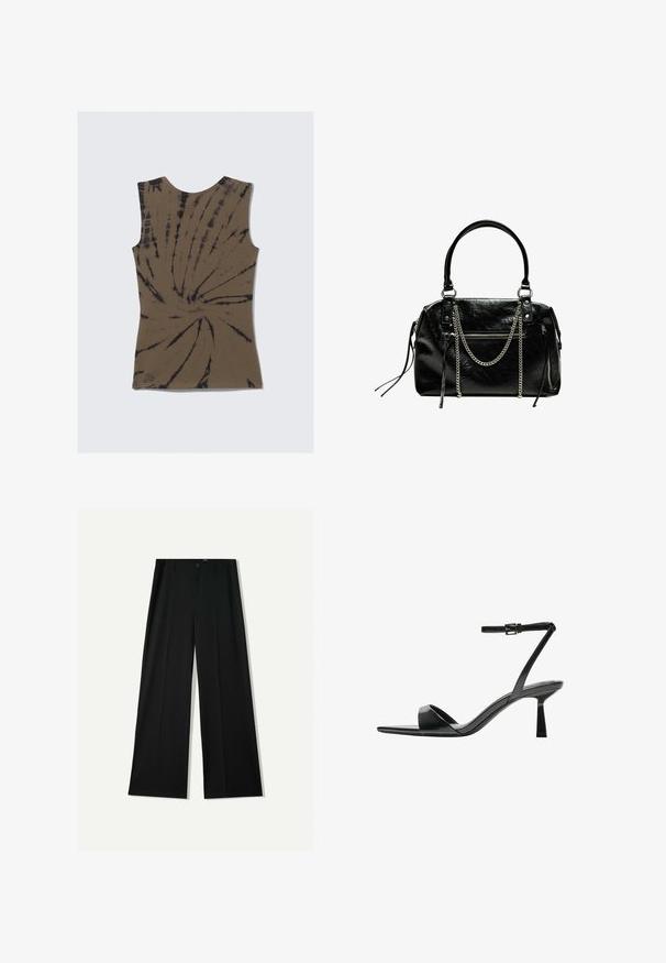 Ruskea hihaton paita, jossa on värjäyskuvio mustilla kiehkuroilla. Valmistettu pehmeästä kankaasta, siinä on pyöreä pääntie ja tiukka muoto.; Bershka WIDE - Housut - black; Bershka Korolliset sandaalit - black; Bershka WITH CHAIN - Käsilaukku - black