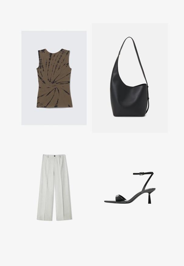 Top senza maniche marrone con un motivo tie-dye caratterizzato da vortici neri. Realizzato in tessuto morbido, presenta un collo rotondo e una forma aderente.; Pantaloni ampi grigi chiari realizzati in un tessuto testurizzato, dotati di una chiusura con bottone e due pieghe frontali per maggior dettaglio.; Bershka Sandali con tacco - black; Borsa hobo nera in pelle con una superficie liscia, forma curvata e una singola tracolla regolabile; presenta un'ampia apertura nella parte superiore.