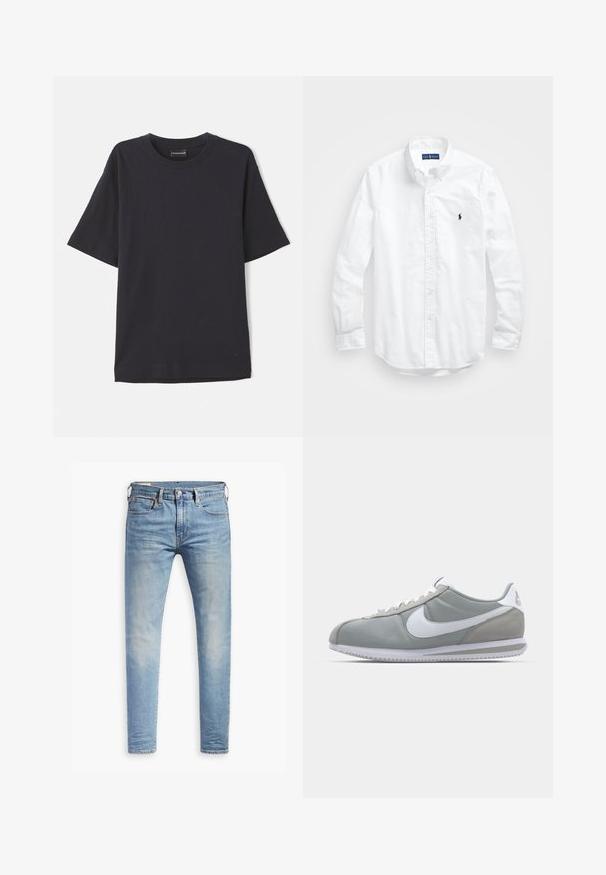 Sötétkék bordázott rövid ujjú póló kerek nyakkal, diszkrét logóval az alsó jobb oldalon. Puha tapintású, laza fazon.; Fehér, hosszú ujjú, gombos férfiing pamutból. Klasszikus gallérral, gombos mandzsettával és egy kis sötétkék hímzett logóval a mellrészen.; Világoskék, slim fit farmernadrág enyhe kopással a combokon, elöl gombos záródással, övbujtatókkal és öt zsebbel, fehér háttérrel.; Szürke sportcipő velúr és textil felsőrésszel, fehér Nike pipa logóval és fehér fűzőkkel. Jellemzője egy texturált gumi talp és párnázott bokarész.