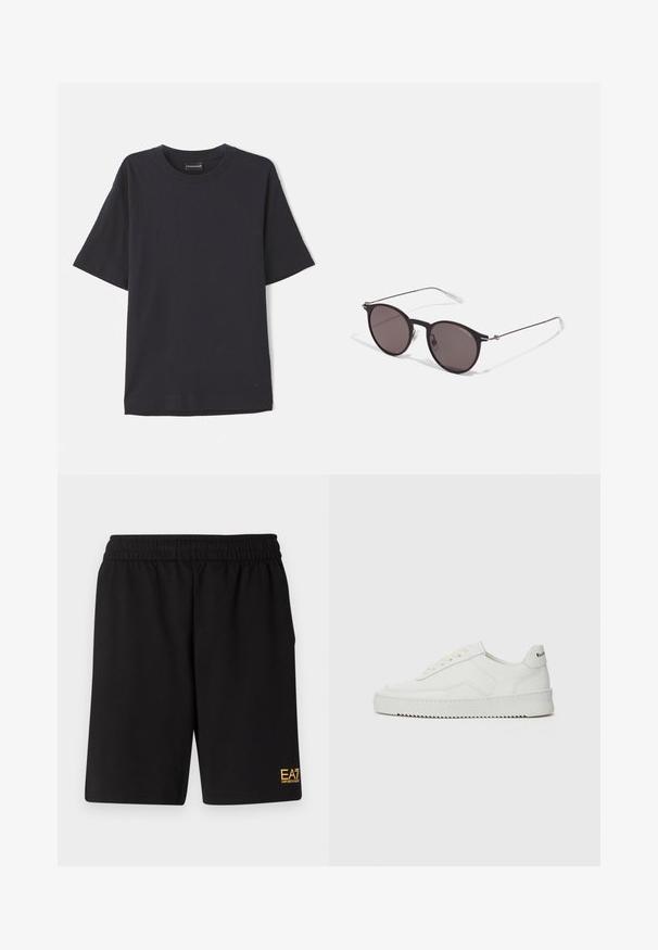Granatowa prążkowana koszulka z krótkim rękawem i okrągłym dekoltem, z subtelnym logo na dolnym prawym rogu. Miękka tekstura, luźny krój.; Czarne sportowe szorty wykonane z miękkiego materiału, z elastycznym paskiem w talii oraz małym, żółtym logo EA7 na dolnej lewej nodze.; Białe skórzane sneakersy o gładkim wykończeniu, okrągłym nosku, płaskich sznurówkach i teksturowanej podeszwie. Charakteryzują się delikatnym logo na pięcie.; Czarne okrągłe okulary przeciwsłoneczne z ciemnymi soczewkami i smukłymi metalowymi ramkami. Zawierają przezroczyste końcówki zauszników oraz srebrne akcenty przy zawiasie. Minimalistyczny design.