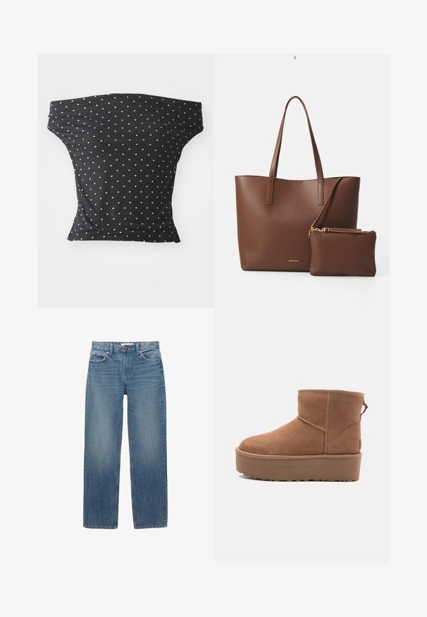 Svart off-shoulder-top i elastisk tyg, med vita prickar, med en tajt passform och mjuk textur.; Ljusblå denimjeans med rak skärning, fem fickor och kopparfärgad hårdvara. Tyget har en lätt blekning och en slät textur.; Tan mockasköna med plattformssula, rund tå och broderade detaljer; har en dragflik baktill för enkel påtagning.; Brun fusk läder tote-väska med två långa handtag och en matchande liten påse. Ytan har ett strukturerat mönster och guldiga detaljer.