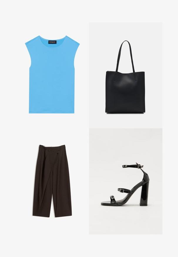 Blaues ärmelloses Top aus glattem Stoff, mit einem runden Ausschnitt und klaren Linien, ohne zusätzliche Verzierungen oder Muster.; Dunkelbraune, weite Hosen mit hohem Bund, die über einen einzigen Knopfverschluss und eine gefaltete Vorderseite verfügen. Hergestellt aus leichtem Stoff.; Schwarze patentierte Sandalen mit Absatz, quadratischer Spitze, Knöchelriemen und silbernen Schnallen. Mit einem stabilen Blockabsatz für mehr Stabilität.; Schwarze Laptoptasche aus Leder mit glatter Textur, rechteckiger Form und zwei langen Griffen. Keine sichtbaren Beschläge oder Verzierungen.