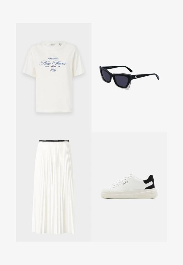Valkoinen puuvillainen t-paita, jossa on pyöreä pääntie ja lyhyet hihat. Täyttää sininen brodeerattu teksti: "GANT 1949 New Haven Sailing Crew 06516 CT. USA."; Hame valkoinen pliseerattu hame mustalla joustavalla vyötäröhihnalla, jossa on "LACOSTE"-logo. Puolipitkä malli pehmeällä tekstuurilla.; Valkoiset nahkakengät paksulla valkoisella pohjalla, mustalla mokkanahkaosuudella kannassa ja kohokuvioitu logo sivulla. Nauhakeskitys kuudella reiällä.; Mustat ylisuuret aurinkolasit, joissa on geometrinen muoto, tummat linssit ja kehykseen erottuva harmaa yksityiskohta. Logo varressa.