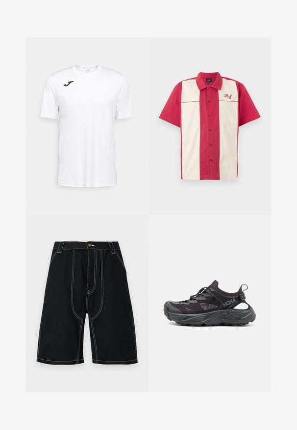Hvit kortermet treningsskjorte laget av glatt stoff, med en svart logo på venstre bryst og rund hals.; Kortermet skjorte med knapper med røde og hvite vertikale striper, laget av bomull, og brodert logo på venstre bryst.; Svarte shorts med rett snitt, laget av slitesterkt stoff. Har hvite sømmer og en gullknapp som detalj. Inkluderer frontlommer.; Svart sportssko med lett mesh-overdel, tykk gummisåle og elastisk snøresystem. Utsparinger på sidene gir pusteevne og støtte.