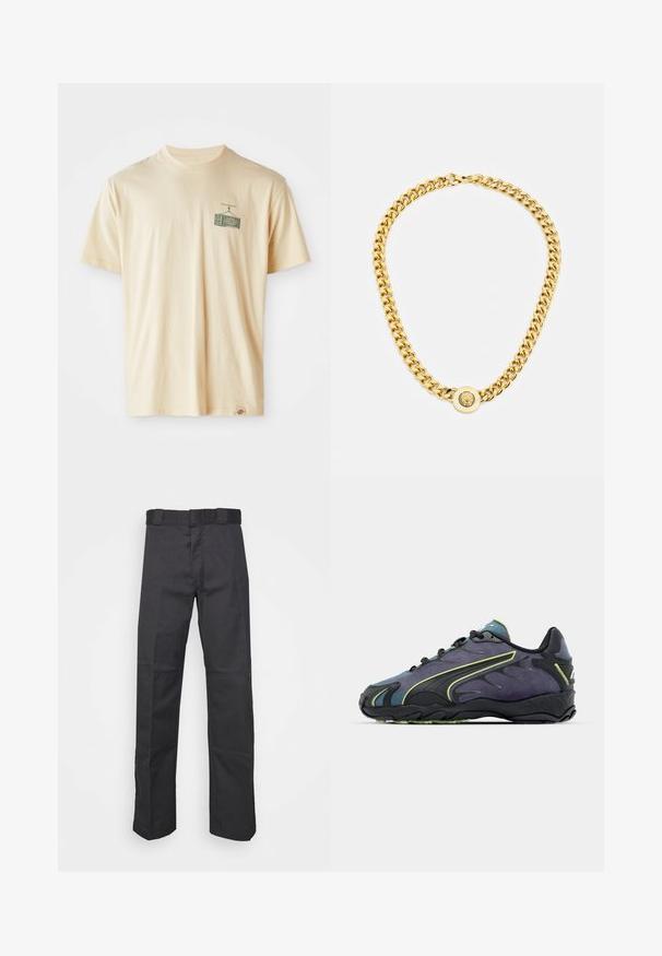 Kreemivärvi puuvillane T-särk ümmarguse kaelusega, lühikeste varrukatega ja graafilise printimisega vasakul rinnal, mis kujutab vintage televiisorit.; Mustadest kangast püksid, mis on valmistatud vastupidavast materjalist, sirge jala disainiga, vöökoha jaoks nööbid ja õmblused lisatekstuuri saavutamiseks.; Mustad mustavad ja lillad sportjalatsid, millel on tekstuuriga pealmine osa, rohelised aktsentjooned ja kummist tallad, mis on kaunistatud lainelise disainiga. Paelad.; Kuldne kett kaelakee suurte omavahel ühendatud linkidega, mille keskel on ringikujuline ripats, millel on kõrgendatud emblem.
