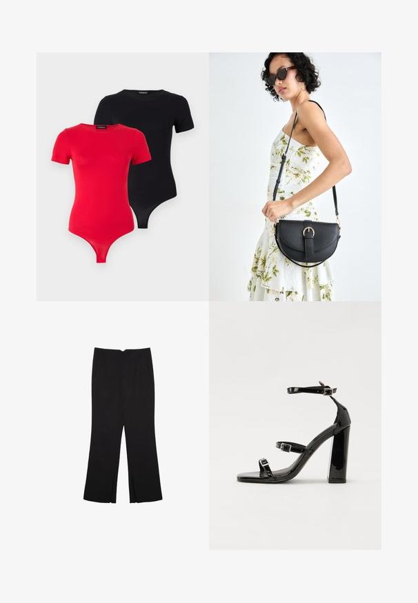 Even&Odd 2 PACK - Osnovna majica kratkih rukava - black/red; Crne hlače ravnog kroja, s prednjim džepovima i bočnim prorezima na rubu. Izrađene od mekog i glatkog materijala. Pogodne za razne prigode.; Crne lakirane sandale na visoku petu s dva remena s kopčama, kvadratnim vrhom i masivnom blok petom, s glatkom, sjajnom teksturom.; Crna kožna torba s lukovitim oblikom, odvojivim remenom i zlatnim detaljima. Torba ima preklop s kopčom.