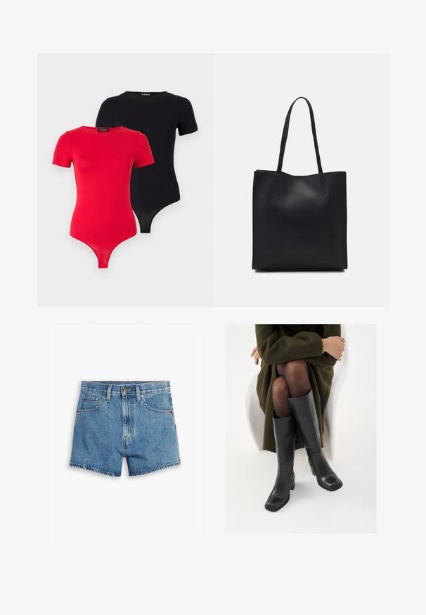 Even&Odd 2 PACK - Basic T-shirt - black/red; Denim shorts in light blue, featuring five pockets, a zip fly, and a button closure. The hem is frayed with a relaxed fit design.; Knee-high black leather boots with a squared toe and block heel, shown with a model seated in an olive green coat. Smooth texture, minimal detailing.; Black leather tote bag with smooth texture, rectangular shape, and two long handles. No visible hardware or embellishments.