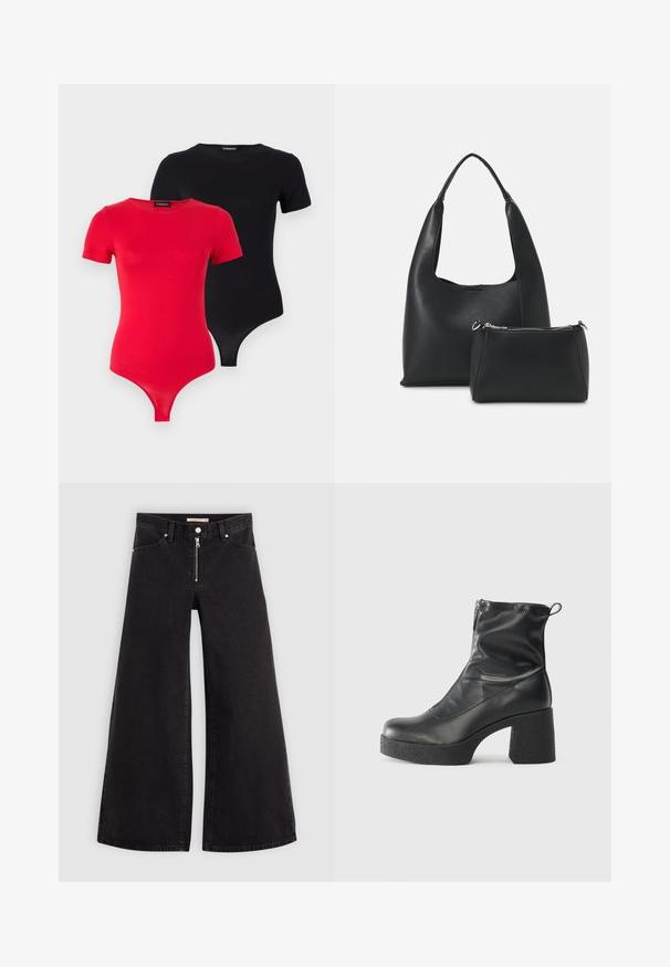 Even&Odd 2 PACK - T-paita - black/red; Mustat leveälahkeiset farkut, joissa on vetoketjufrunti, viisi-taskuinen muotoilu ja hienovaraiset ompelusyyt. Sileä pinta ja rento tyyli.; Mustat nilkkurit, jotka on valmistettu sileästä nahasta. Niissä on sivuvetoketju, paksu teksturoitu korko ja pyöristetty kärki.; Even&Odd Käsilaukku - black