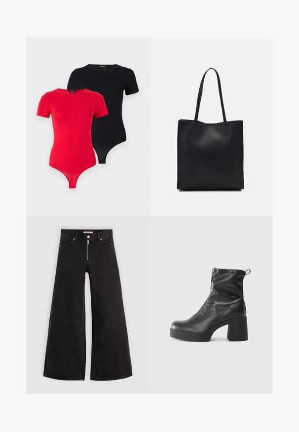 Even&Odd 2 PACK - Basic T-shirt - black/red; Wide-leg jeans in black denim with a zippered front, five-pocket design, and subtle stitching details. Smooth texture and casual style.; Black ankle boots made of smooth leather, featuring a side zipper, chunky textured heel, and rounded toe design.; Black leather tote bag with smooth texture, rectangular shape, and two long handles. No visible hardware or embellishments.