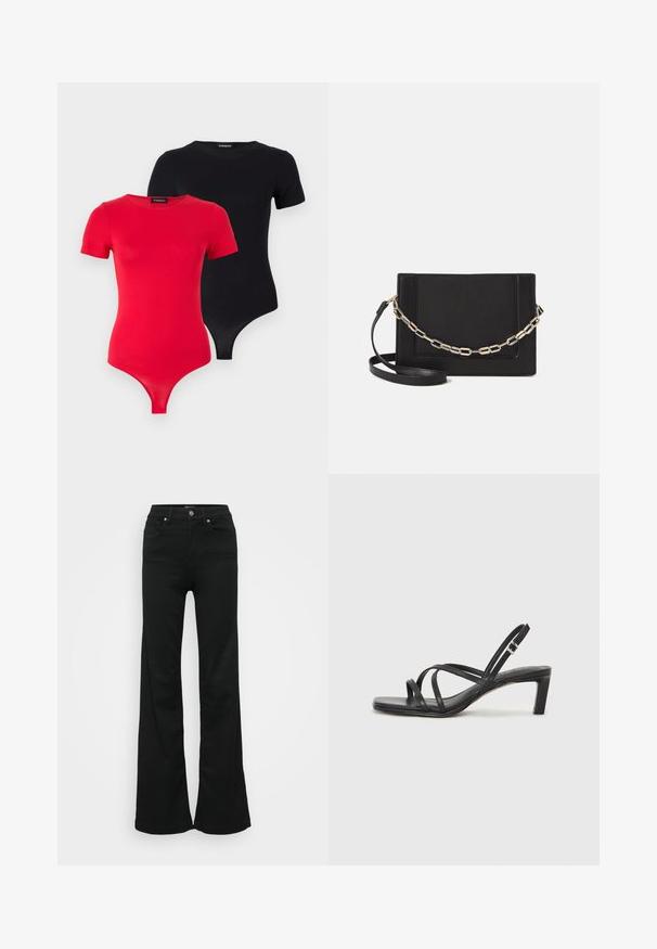 Even&Odd 2 PACK - Lihtne T-särk - black/red; Mustad laiad teksapüksid, valmistatud denimist, kõrge vöökoht, viis taskut ja metallist nööpkinnitus. Sujuv tekstuur väheste detailidega.; Mustast rihmajalatsid ruudukujulise varba ja madala ploki kontsaga. Omab mitmeid õhukesi rihmasid ja reguleeritavat pahkluu rihma. Valmistatud siledast nahast.; Mustast nahast õlakott, mis omab siledat tekstuuri, ristküliku kuju ning esiküljel metallketi detaili. Reguleeritav rihm on kaasas.; Hõbedane kahekordne rõngas sujuva, poleeritud pinnaga. Omab voolavat, kõverat disaini, millel on kattuvad sektsioonid, et saavutada kaasaegne ilme.