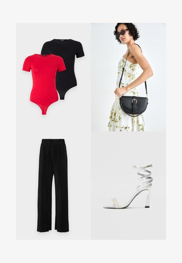 Even&Odd 2 PACK - T-shirts - black/red; Sorte plisserte bukser med elastisk midje. Har vide ben og et glatt, strukturert stoff med vertikale striper.; Sølv høyhælte sandaler med et glitrende stroppdesign, som har en perle-lignende akcent og en spiralformet ankelstropp for sikker passform.; Svart lærveske med en buet form, avtagbar stropp og gullbeslag. Vesken har et klaff med spenne-detall.