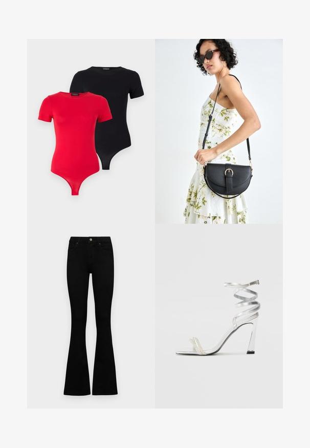 Even&Odd 2 PACK - Pamata T-krekls - black/red; Melni augsta jostas šorti ar pogu un rāvējslēdzēju, priekšējām kabatām un izplestām kājām, nolikti uz balta fona.; Sudrabaini augstpapēžu sūna ar spīdīgu siksnu dizainu, kurā ir pērlēm līdzīgs akcents un spirālveida potītes siksna drošai pieguvei.; Melnas ādas rokassoma ar izliekta formu, noņemamu siksnu un zelta aksesuāriem. Somai ir vāciņš ar sprādzes detaļu.