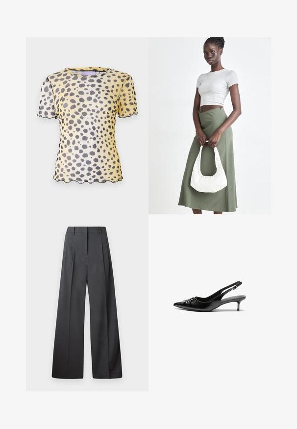 Kortärmad, gul blus med svart leopardmönster, genomskinligt material och vågiga kanter på ärmar och nederkant.; Vida byxor i mörkgrått tyg, med hög midja, enkla veck och en mjuk yta med en ren finish vid fållen.; Svarta läder slingback klackar med spetsig tå, liten kittenklack och en dekorativ knutdetalj på framsidan. Slät textur hela vägen.; Grå ribbad crop top och olivgrön högmidjad kjol. Modellen håller en vit axelremsväska med utskärningar. Enkelt design, tight passform.