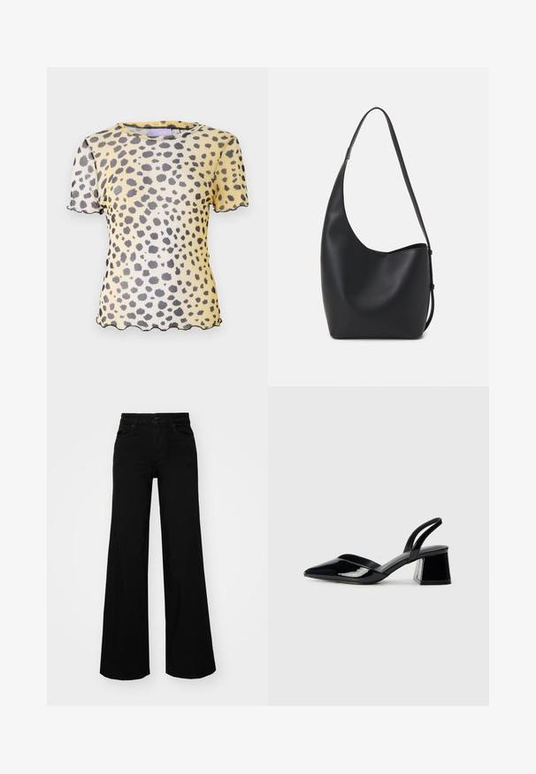 Korte mouwen, gele blouse met een zwart luipaardprint, doorschijnend materiaal en gekartelde randjes op de mouwen en de zoom.; Zwarte wijdvallende broek van denim, met een gestructureerde tailleband, riemlussen en voorzakken. Glad van textuur met een klassiek ontwerp.; Zwarte gepatineerde leren slingback hakken met een spitse neus en een geometrische blokhak. Kenmerkt zich door een slank, minimalistisch ontwerp en een gladde textuur.; Zwarte leren hobo tas met een gladde textuur, kromme vorm en een enkele verstelbare schouderband; heeft een brede opening aan de bovenkant.