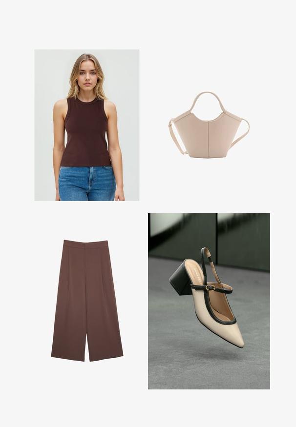 Braunes, ärmelloses Tanktop aus glattem Stoff mit rundem Ausschnitt, kombiniert mit hoch taillierten blauen Jeans.; Braune Weite-Leg-Hosen mit einer glatten Textur, hoher Taille und Vorderfalten. Der Stoff ist leicht und fällt locker.; Beige Slingback-Schuh mit spitzer Zehenpartie, schwarzer Umrandung, goldener Schnalle und dicker Blockabsatz auf grauem Boden vor dunklem grünen Hintergrund.; Beige Lederhandtasche mit einer einzigartigen Form, die zwei kurze Henkel und einen langen verstellbaren Riemen aufweist. Glatte Textur mit minimalen Hardware-Elementen.