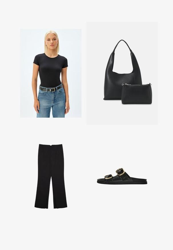 Musta lyhythihainen T-paita pyöreällä kaula-aukolla, valmistettu joustavasta kankaasta; käytetty sinisten farkkujen ja mustan niittivyön kanssa.; Mustat housut suoralinjaisella leikkauksella, joissa on etutaskut ja sivurei'ät helman alla. Valmistettu pehmeästä ja sileästä kankaasta. Sopii eri tilaisuuksiin.; Musta liukusandaali, jossa on kaksi kultaisesta solkesta tehtyä korostusta, sileäpintainen materiaali, litteä pohja ja minimalistinen muotoilu.; Even&Odd SET - Käsilaukku - black