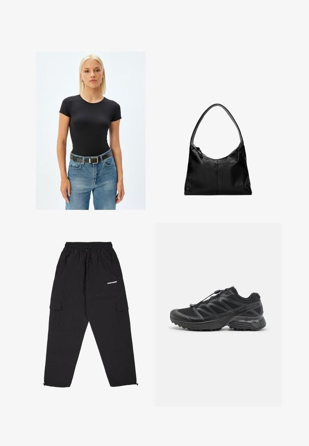 Schwarzes T-Shirt mit kurzen Ärmeln und Rundhalsausschnitt, aus dehnbarem Stoff; getragen mit blauen Jeans und einem schwarzen Nieten-Gürtel.; Pegador YURI TRACKSUIT PANTS - Jogginghose - black; Schwarzer Laufschuh mit Obermaterial aus Mesh und Synthetik, flexibler Sohle und elastischen Schnürsenkeln. Verfügt über eine gepolsterte Zwischensohle für zusätzlichen Komfort.; Schwarze Leder-Umhängetasche mit glatter Textur, geschwungenem oberen Rand und einem einzigen Tragegurt. Sie verfügt über einen Reißverschluss und ein minimalistisches Design.